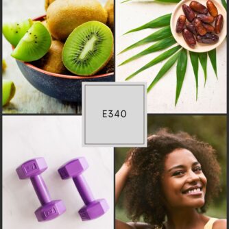 Collage featuring healthy lifestyle elements: a bowl of sliced kiwi, a plate of dates with palm leaves, two purple dumbbells on a white surface, and a smiling woman outdoors. Center text reads ‘E340.’ Symbolizing wellness, healing, and balance for musicians.
