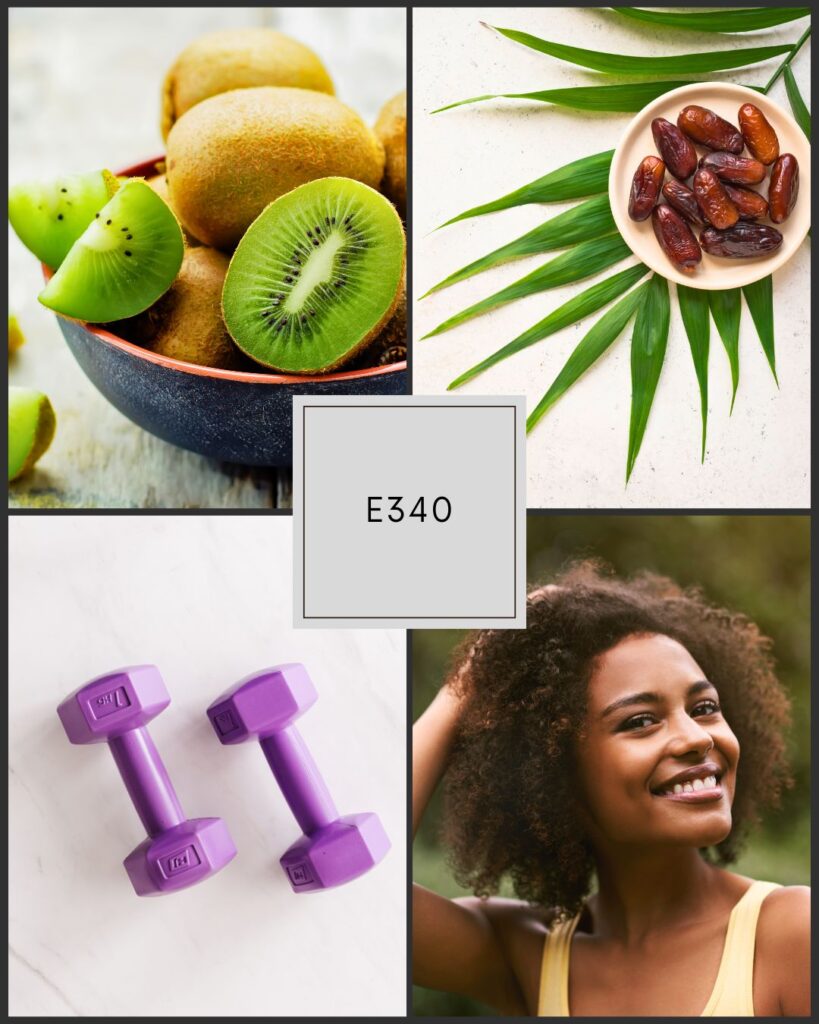 Collage featuring healthy lifestyle elements: a bowl of sliced kiwi, a plate of dates with palm leaves, two purple dumbbells on a white surface, and a smiling woman outdoors. Center text reads ‘E340.’ Symbolizing wellness, healing, and balance for musicians.