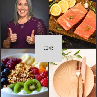 Flutist and nutritionist Marquelle Brown smiling with thumbs up beside healthy foods like salmon, fruit, and yogurt—representing musician wellness habits and daily routines for focus, energy, and joy in Flute 360 Episode 343.