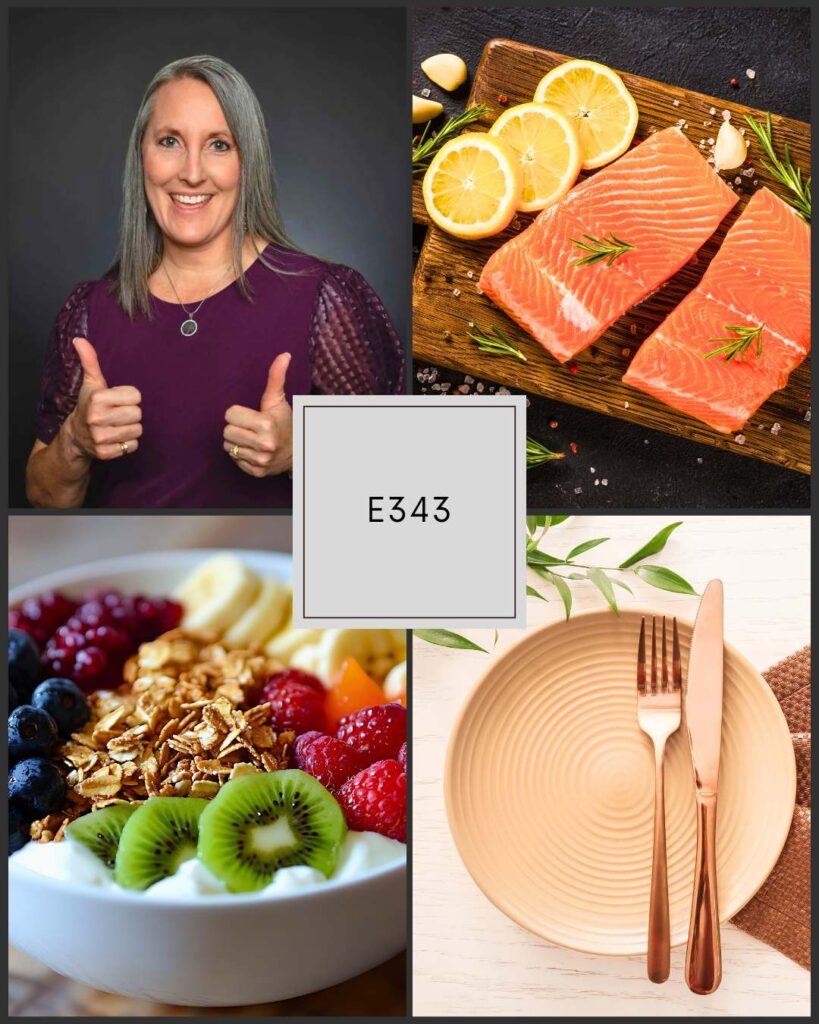 Flutist and nutritionist Marquelle Brown smiling with thumbs up beside healthy foods like salmon, fruit, and yogurt—representing musician wellness habits and daily routines for focus, energy, and joy in Flute 360 Episode 343.