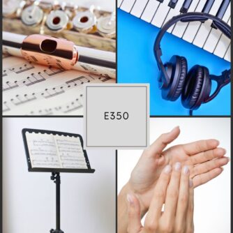 A collage representing episode E350 of the Flute 360 podcast, featuring four images: a music stand with sheet music, a keyboard with headphones, a close-up of a silver flute resting on sheet music, and a pair of hands clapping. The center square reads “E350.”