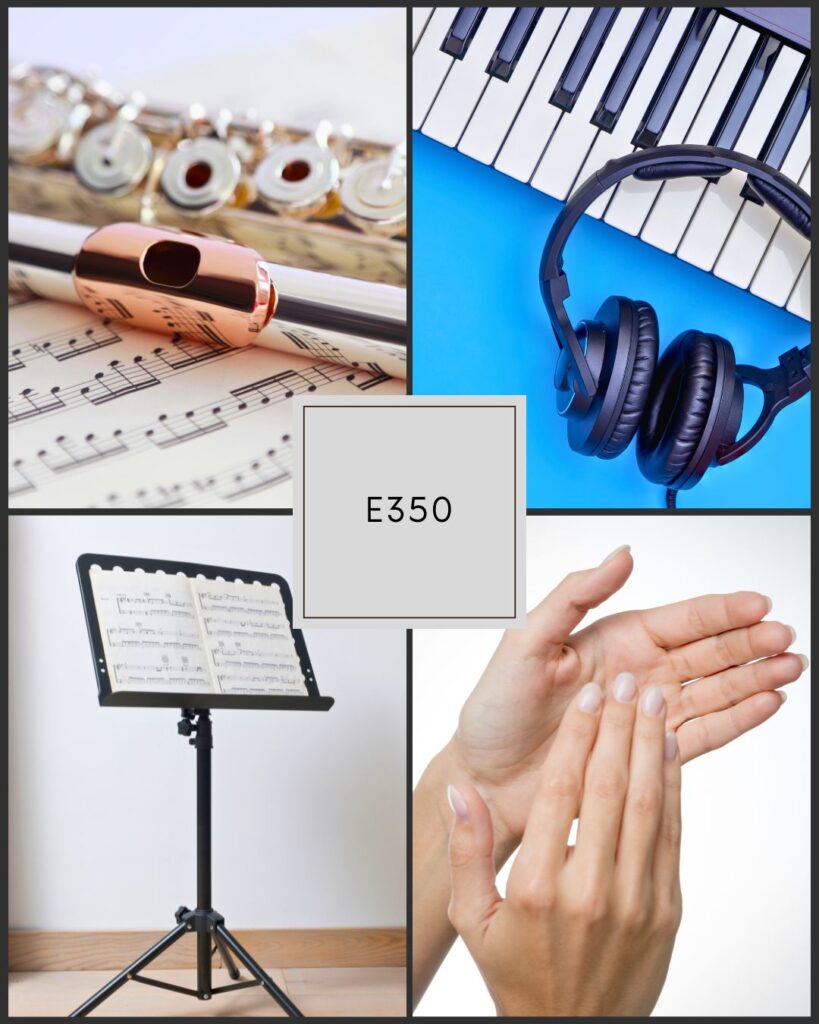 A collage representing episode E350 of the Flute 360 podcast, featuring four images: a music stand with sheet music, a keyboard with headphones, a close-up of a silver flute resting on sheet music, and a pair of hands clapping. The center square reads “E350.”
