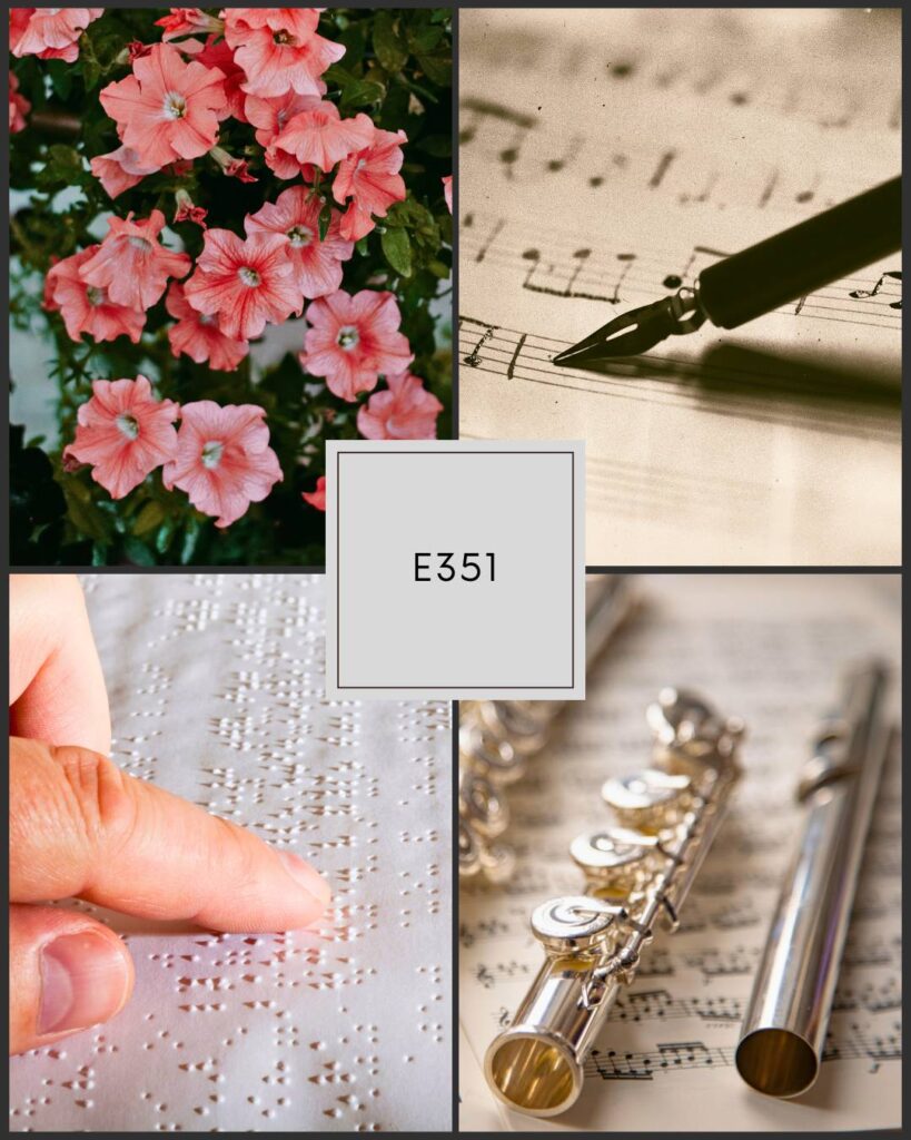 Flute 360 Episode 351 collage featuring pink flowers, a fountain pen writing on sheet music, a close-up of a hand reading Braille, and a silver flute resting on music notation.