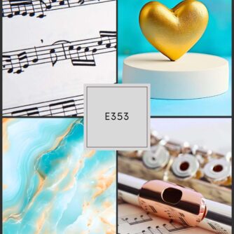 Flute 360 Episode 353 collage featuring sheet music, a gold heart sculpture, turquoise marble texture, and a flute resting on musical notation with a center label reading E353.