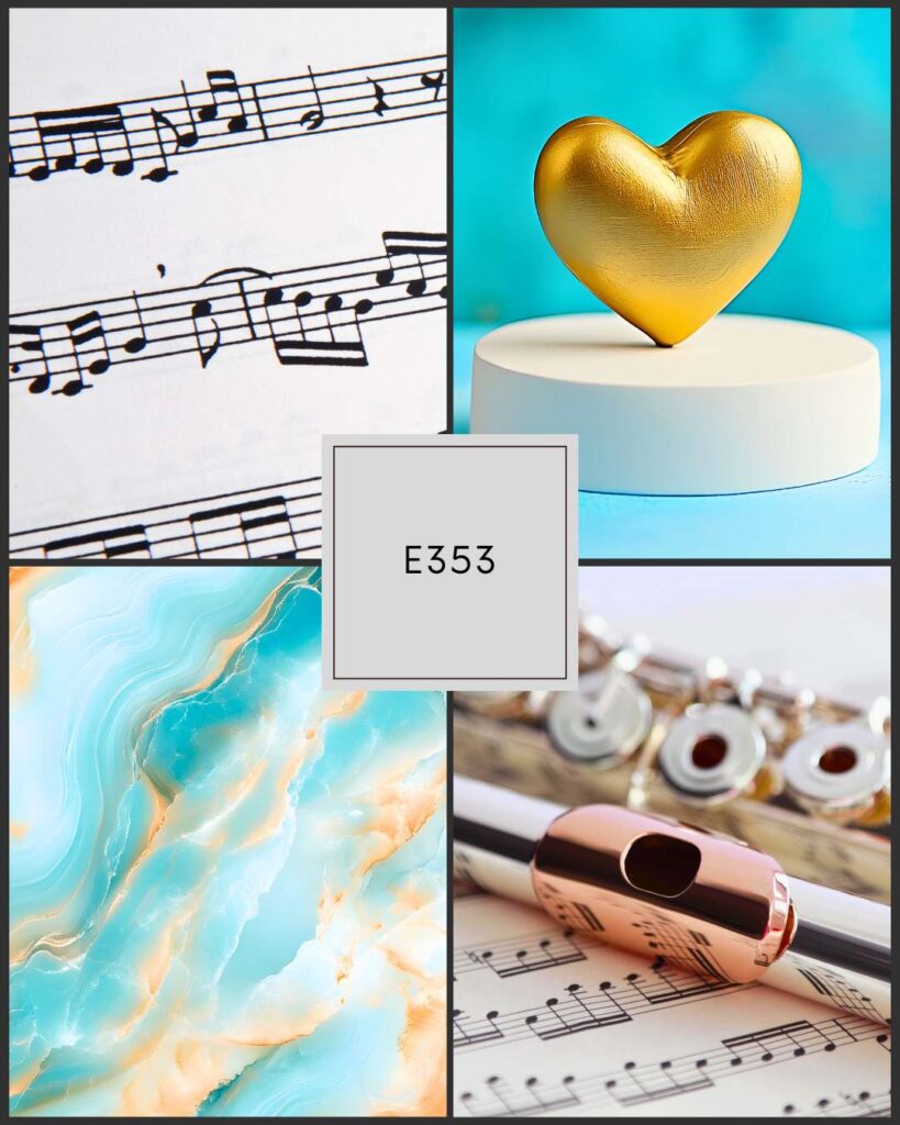 Flute 360 Episode 353 collage featuring sheet music, a gold heart sculpture, turquoise marble texture, and a flute resting on musical notation with a center label reading E353.
