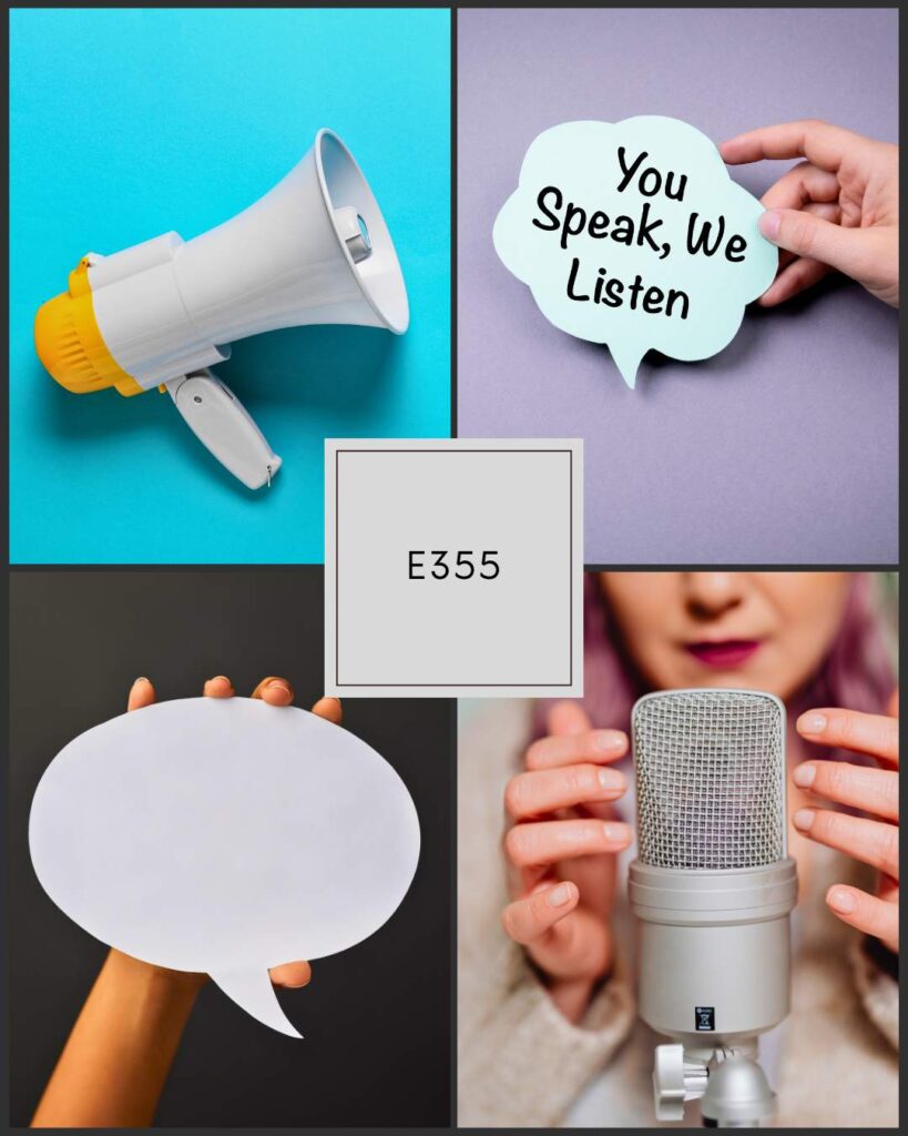 Flute 360 Episode 355 collage featuring a megaphone, a hand holding a speech bubble that says ‘You Speak, We Listen,’ an empty speech bubble cutout, and a woman speaking into a studio microphone, with a center label reading E355.